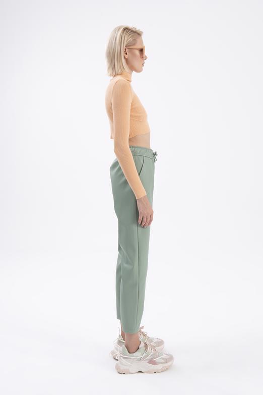 Bayan Yeşil Beli Lastikli Düz Kesim Deri Pantolon - BSL