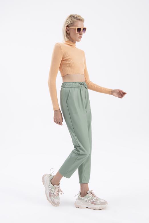 Bayan Yeşil Beli Lastikli Düz Kesim Deri Pantolon - BSL