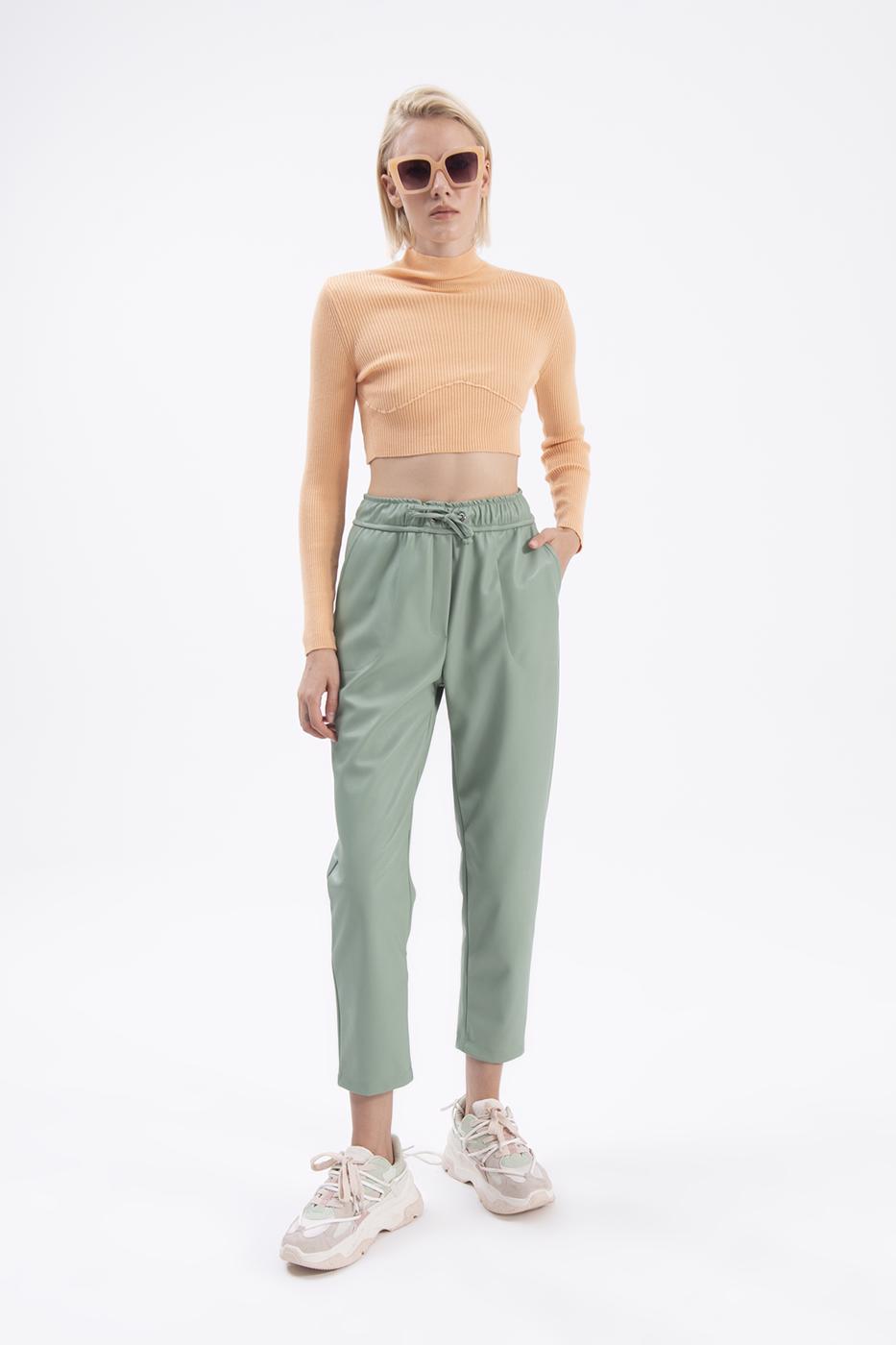 Bayan Yeşil Beli Lastikli Düz Kesim Deri Pantolon