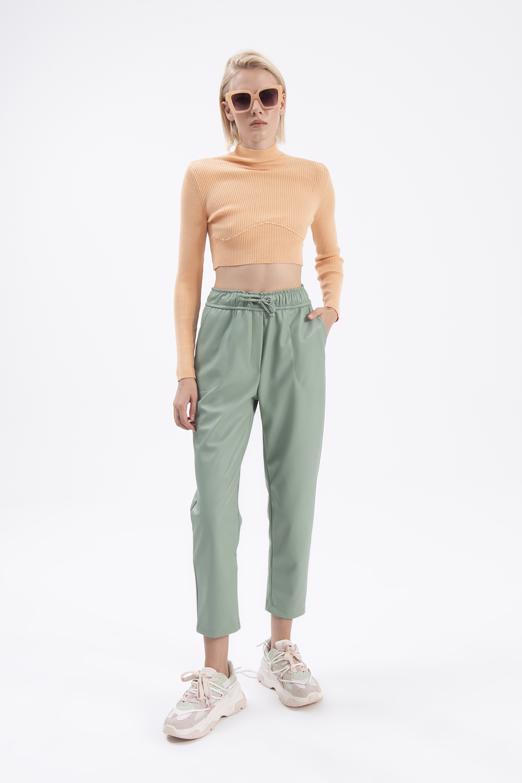 Bayan Yeşil Beli Lastikli Düz Kesim Deri Pantolon - BSL