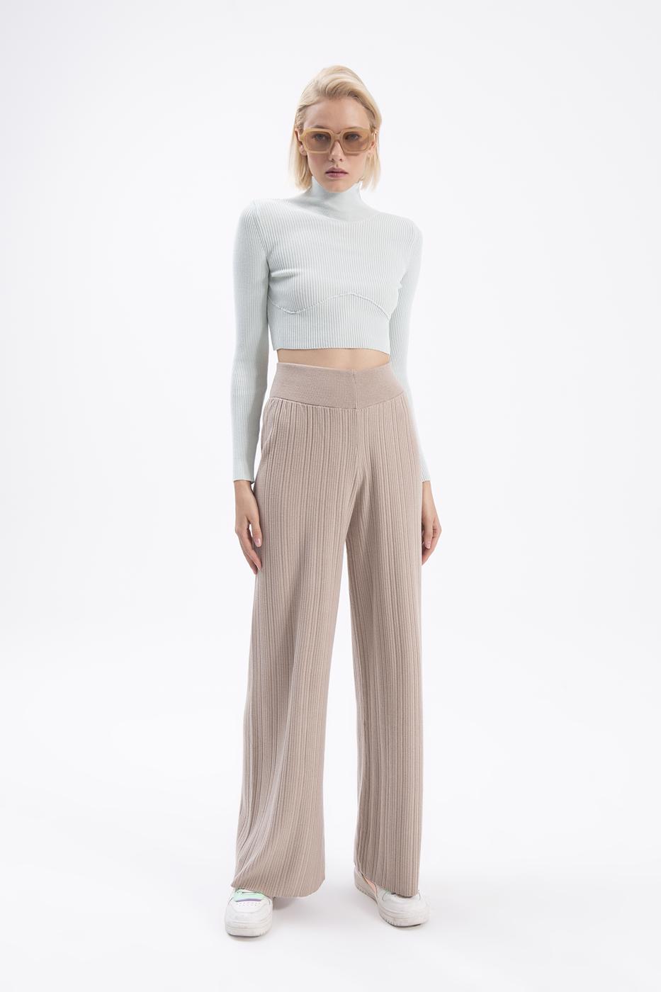 Bayan Bej Fitilli Triko Pantolon