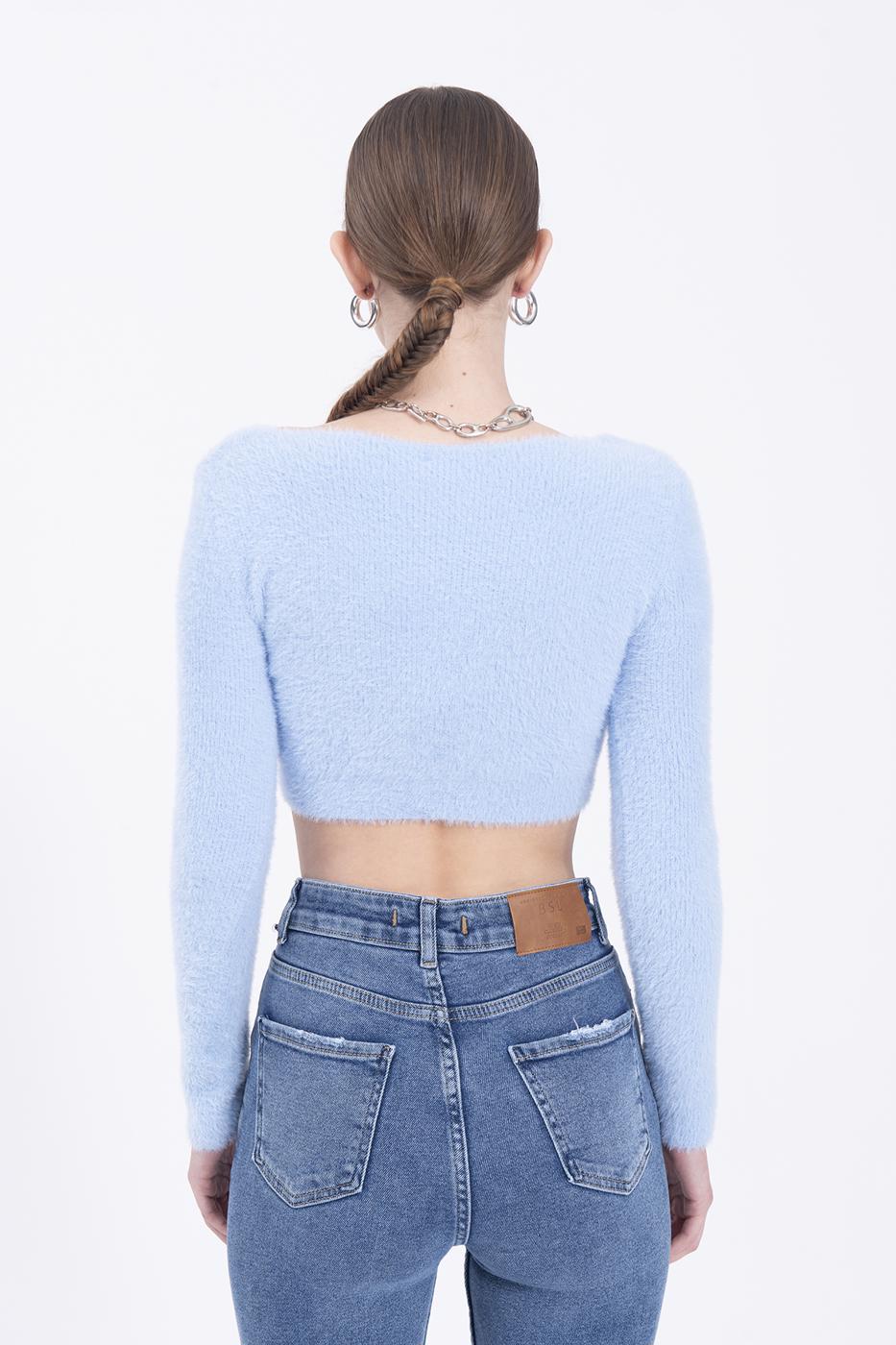 Bayan Mavi Crop Hırka