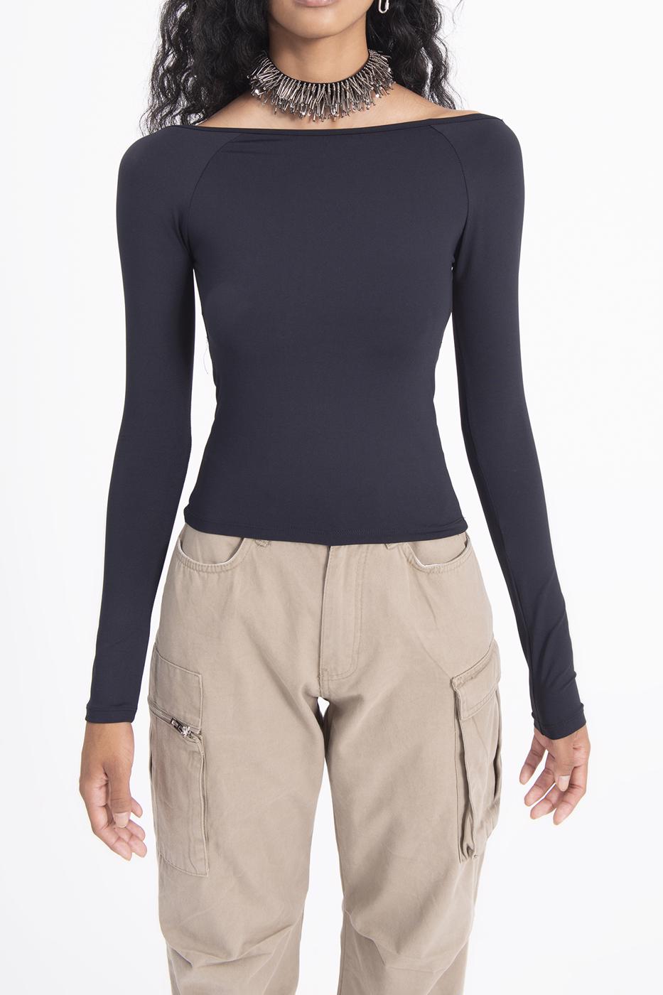 Bayan Siyah Kayık Yaka Sırt Dekolteli Top