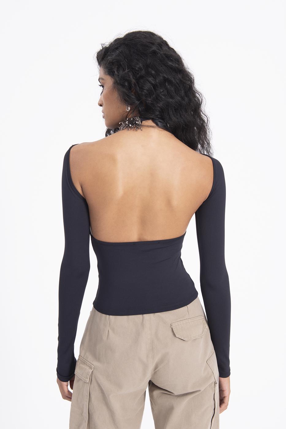 Bayan Siyah Kayık Yaka Sırt Dekolteli Top