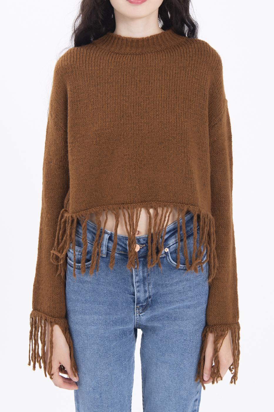 Bayan Kahverengi Etek Püskül Detaylı Triko Kazak