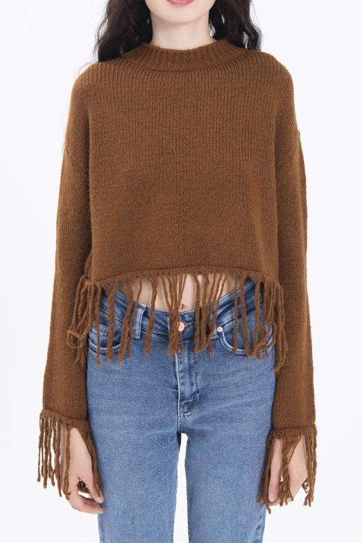 Bayan Kahverengi Etek Püskül Detaylı Triko Kazak - BSL