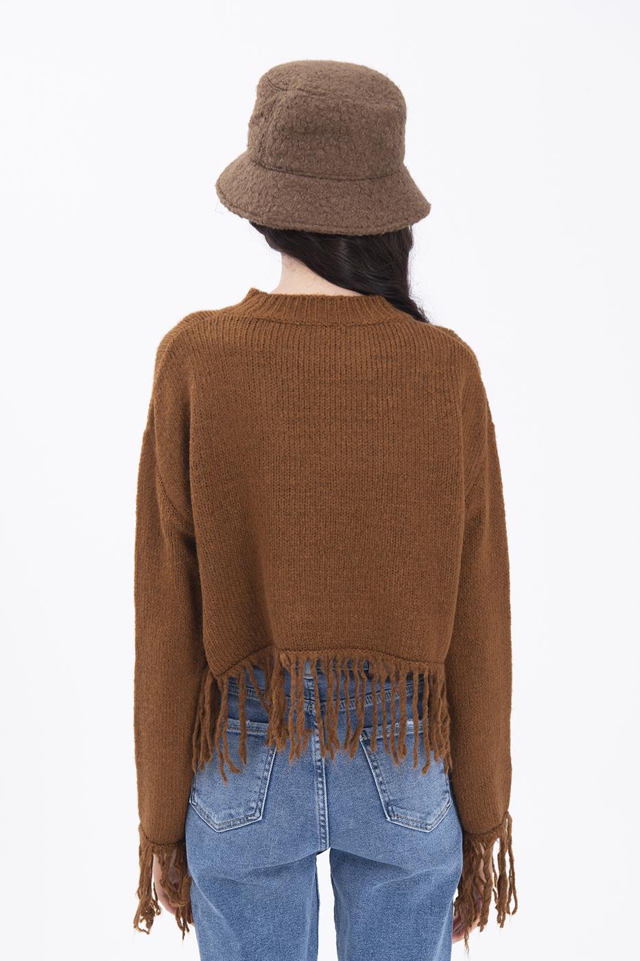 Bayan Kahverengi Etek Püskül Detaylı Triko Kazak