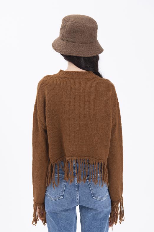 Bayan Kahverengi Etek Püskül Detaylı Triko Kazak - BSL