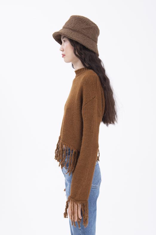 Bayan Kahverengi Etek Püskül Detaylı Triko Kazak - BSL