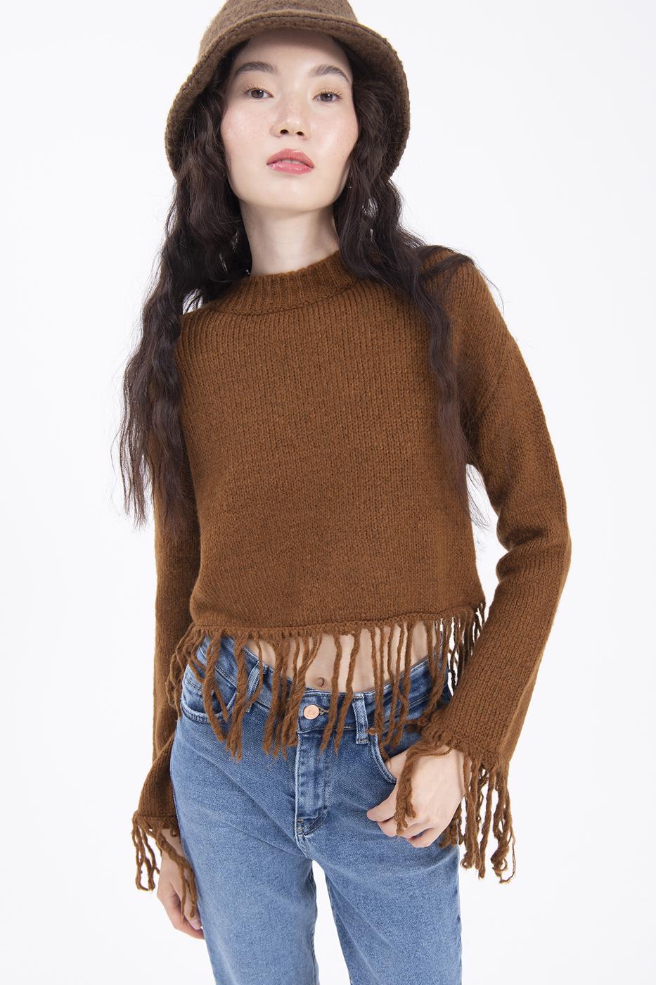 Bayan Kahverengi Etek Püskül Detaylı Triko Kazak