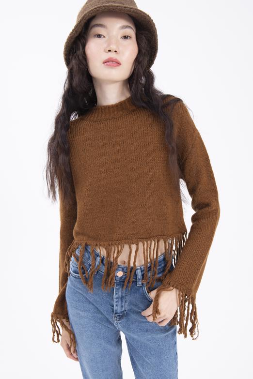 Bayan Kahverengi Etek Püskül Detaylı Triko Kazak - BSL