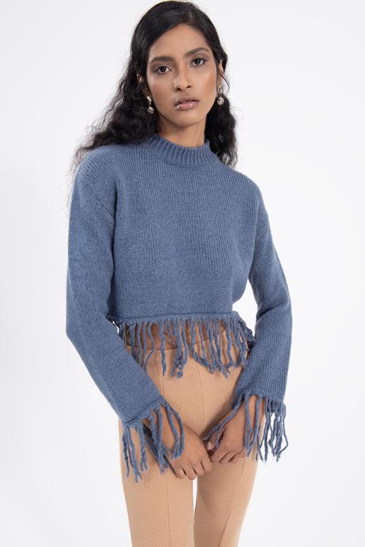 Bayan Mavi Etek Püskül Detaylı Triko Kazak - BSL