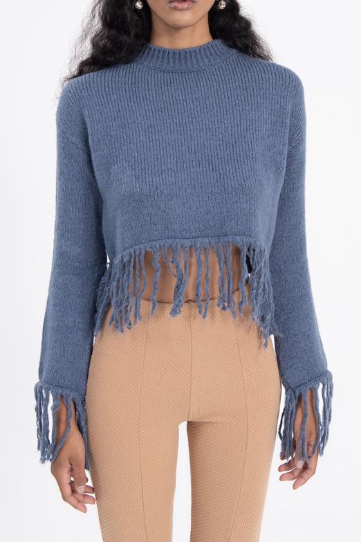 Bayan Mavi Etek Püskül Detaylı Triko Kazak - BSL