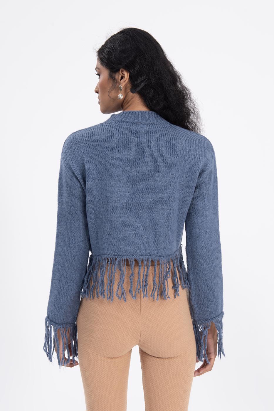 Bayan Mavi Etek Püskül Detaylı Triko Kazak