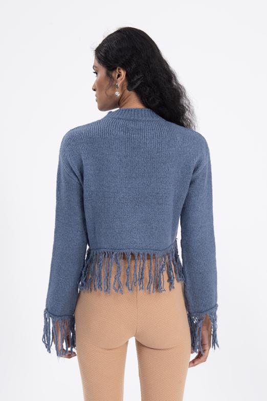 Bayan Mavi Etek Püskül Detaylı Triko Kazak - BSL