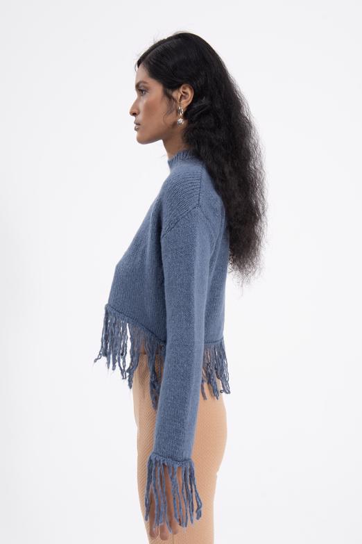 Bayan Mavi Etek Püskül Detaylı Triko Kazak - BSL