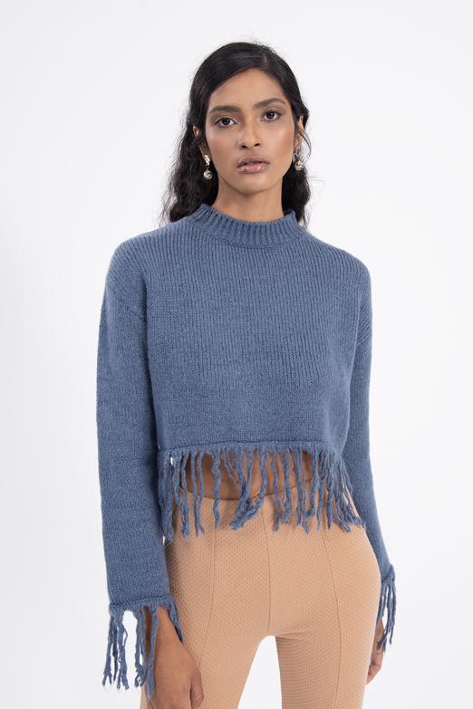 Bayan Mavi Etek Püskül Detaylı Triko Kazak - BSL