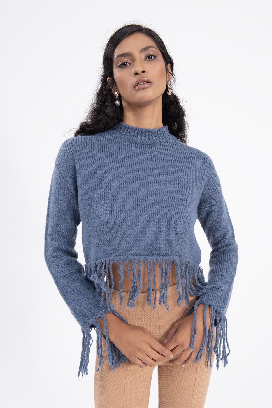 Bayan Mavi Etek Püskül Detaylı Triko Kazak