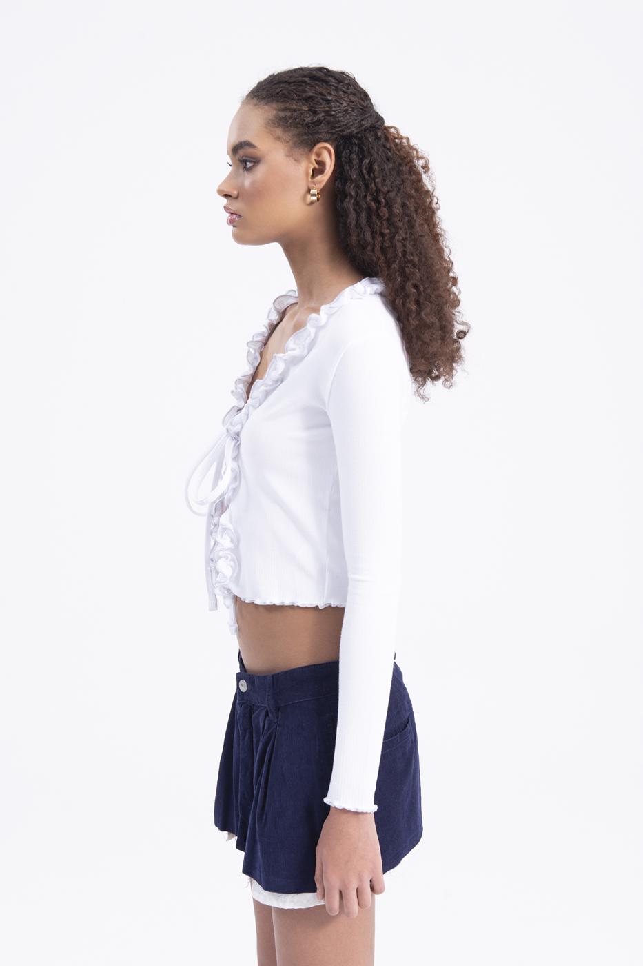 Bayan Beyaz Fırfır Detaylı Hırka