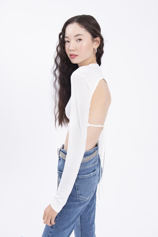 Bayan Ekru Sırt Dekolteli Crop Top - BSL