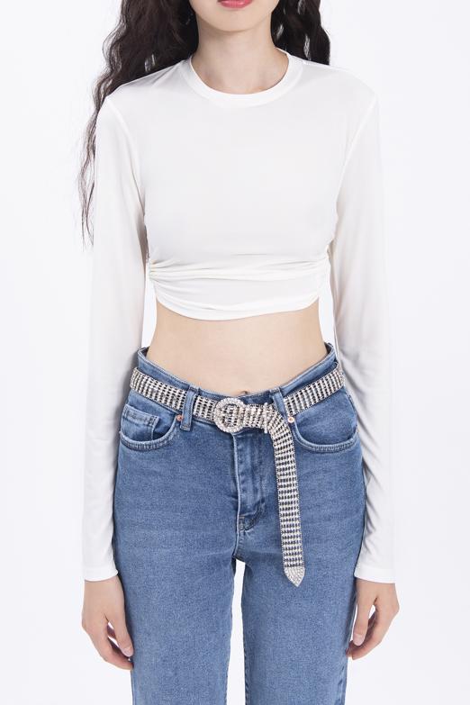 Bayan Ekru Sırt Dekolteli Crop Top - BSL