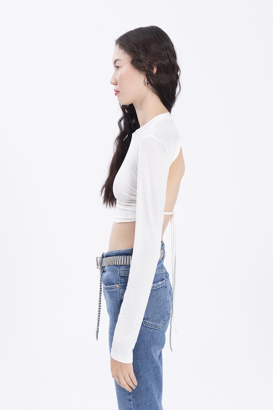 Bayan Ekru Sırt Dekolteli Crop Top