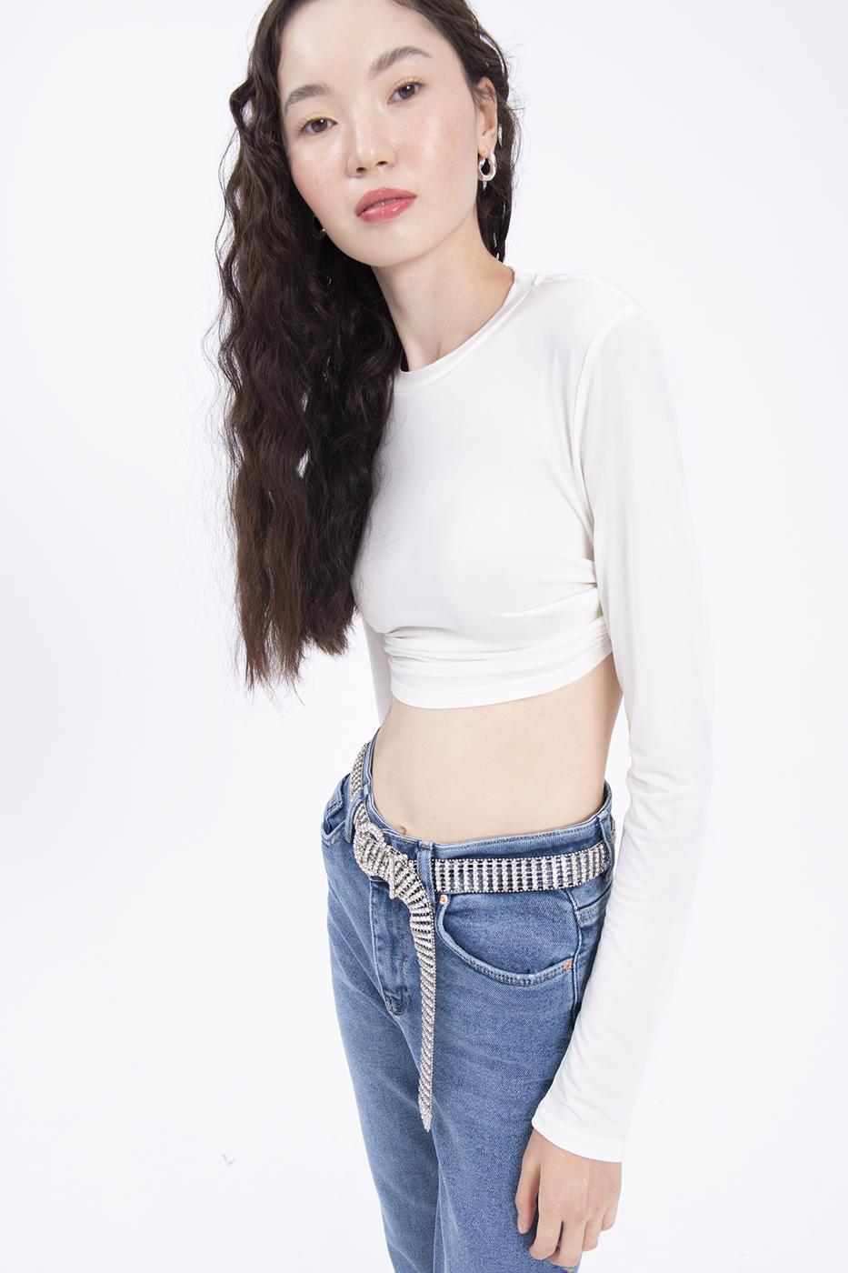 Bayan Ekru Sırt Dekolteli Crop Top