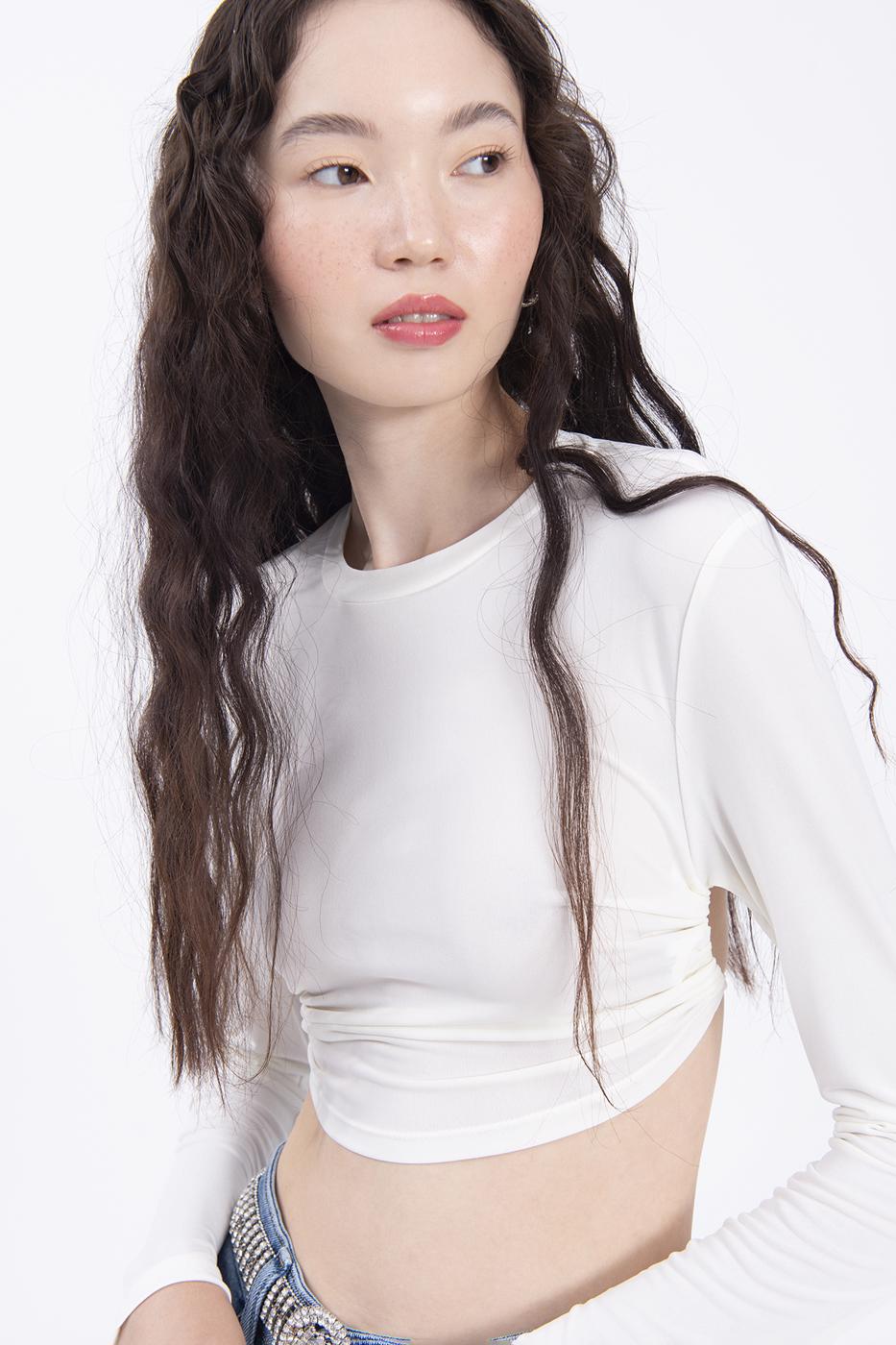 Bayan Ekru Sırt Dekolteli Crop Top