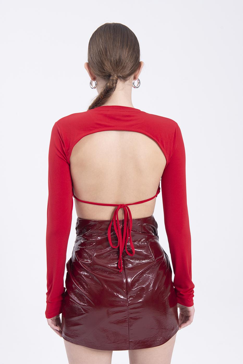 Bayan Kırmızı Sırt Dekolteli Crop Top