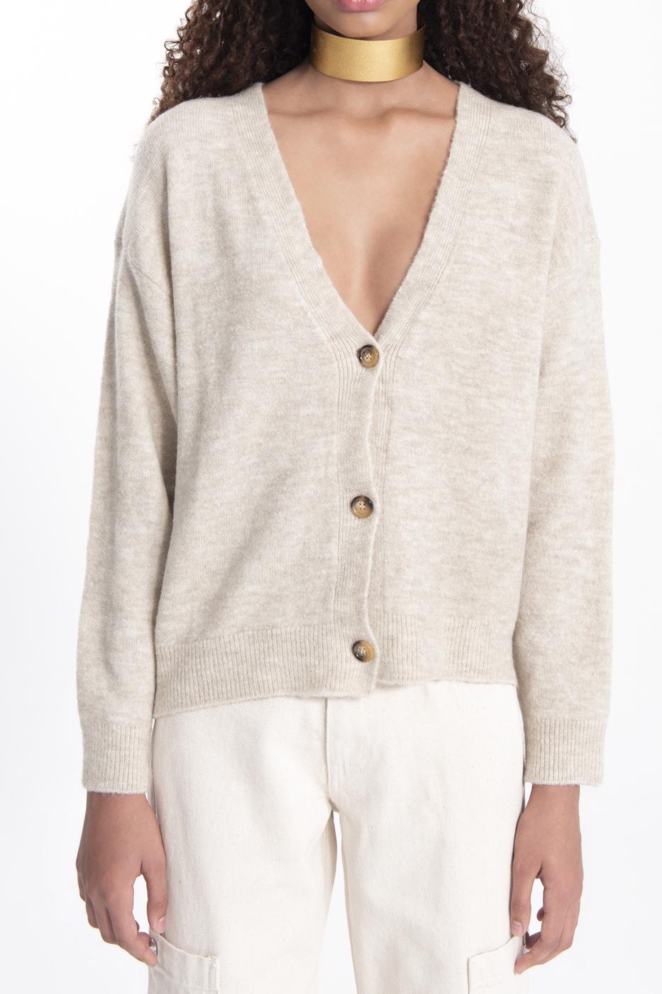 Bayan Bej V Yakalı Triko Hırka