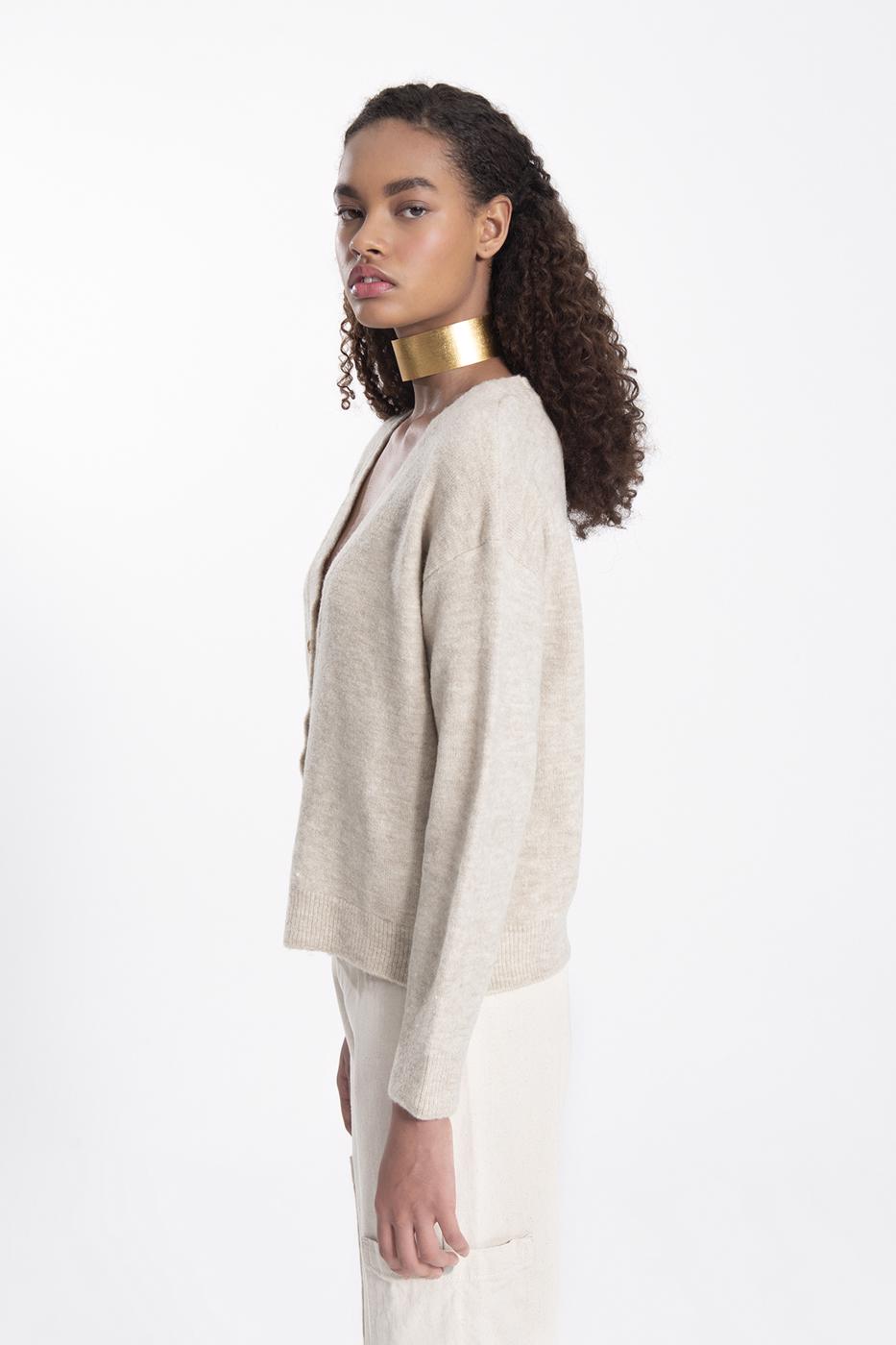 Bayan Bej V Yakalı Triko Hırka