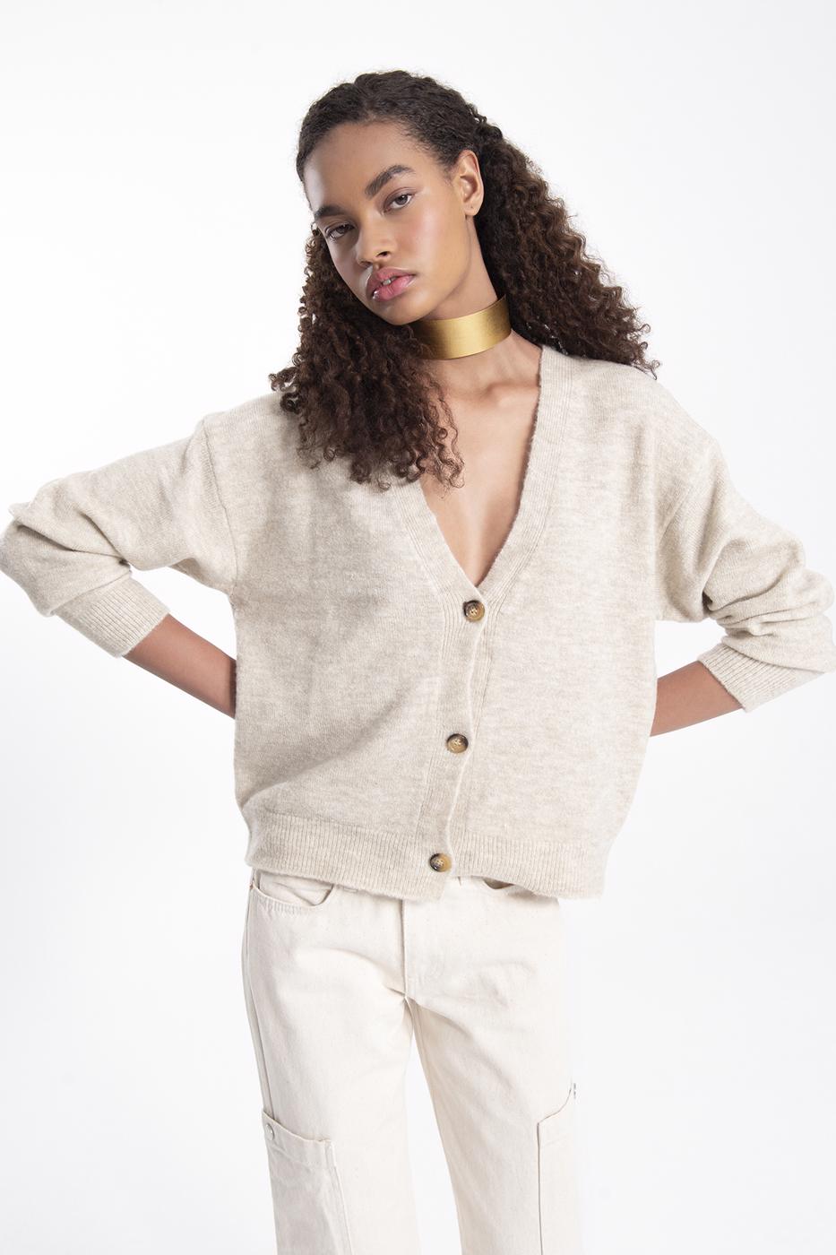 Bayan Bej V Yakalı Triko Hırka