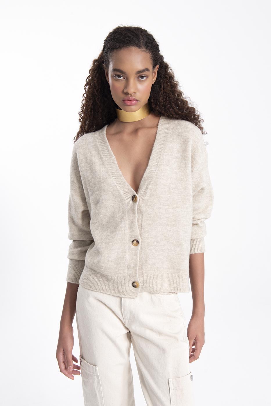 Bayan Bej V Yakalı Triko Hırka