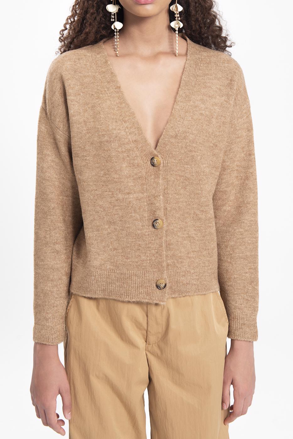 Bayan Kahverengi V Yakalı Triko Hırka