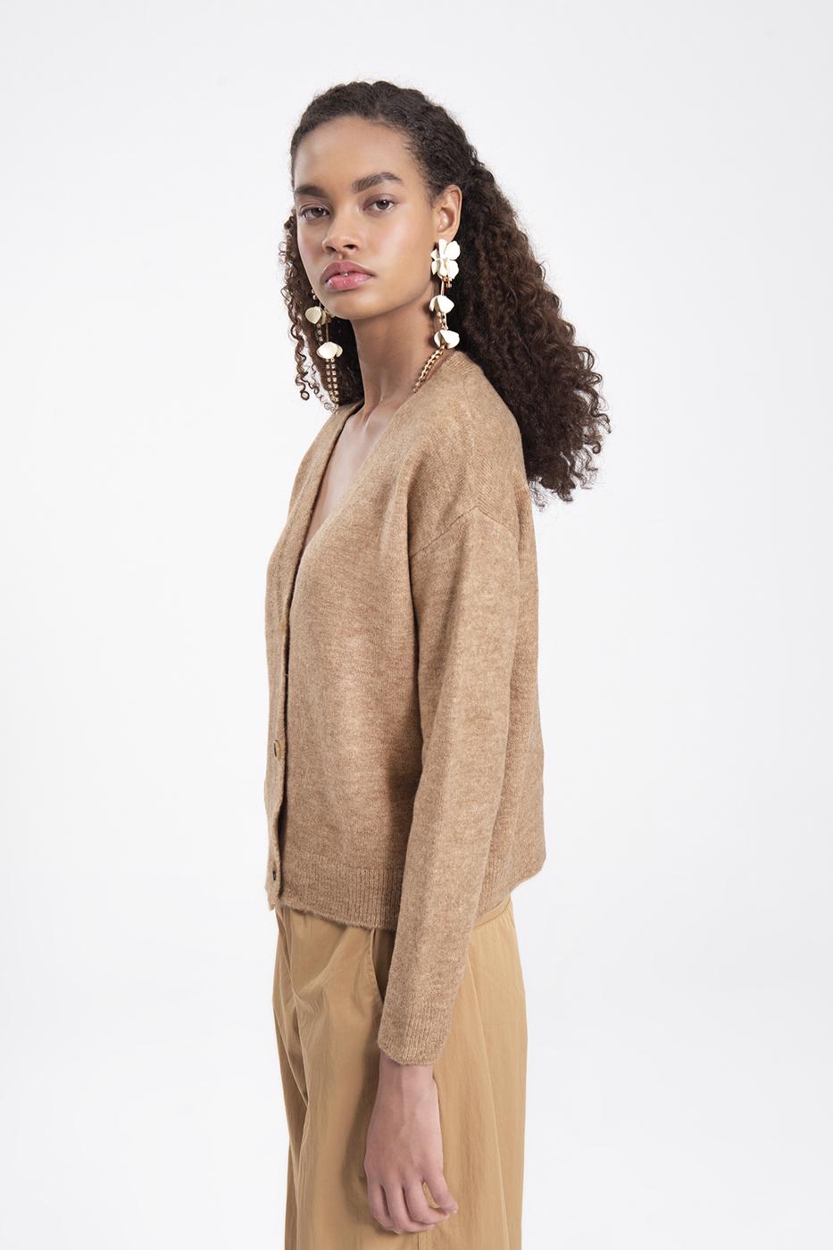 Bayan Kahverengi V Yakalı Triko Hırka