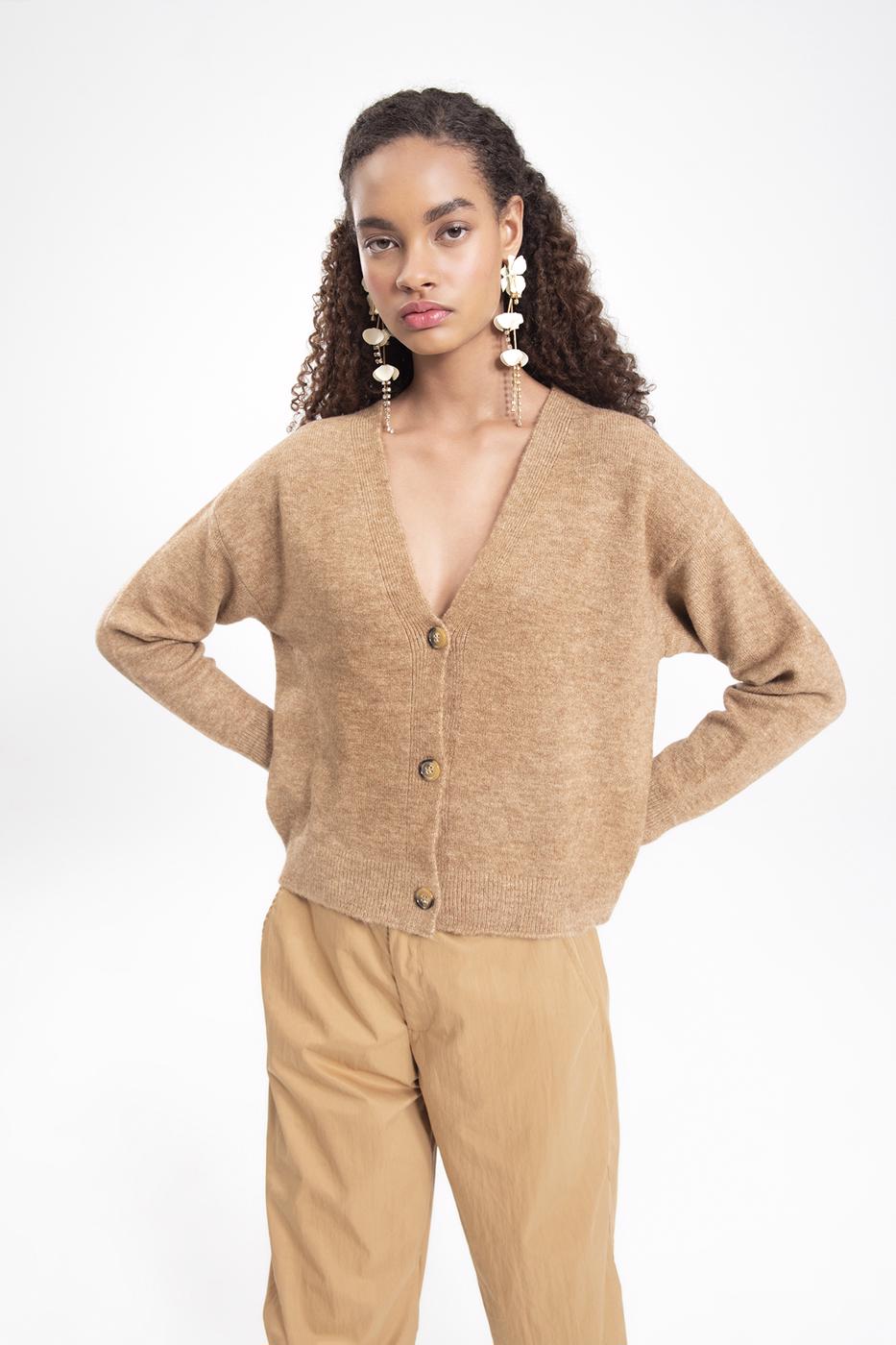 Bayan Kahverengi V Yakalı Triko Hırka