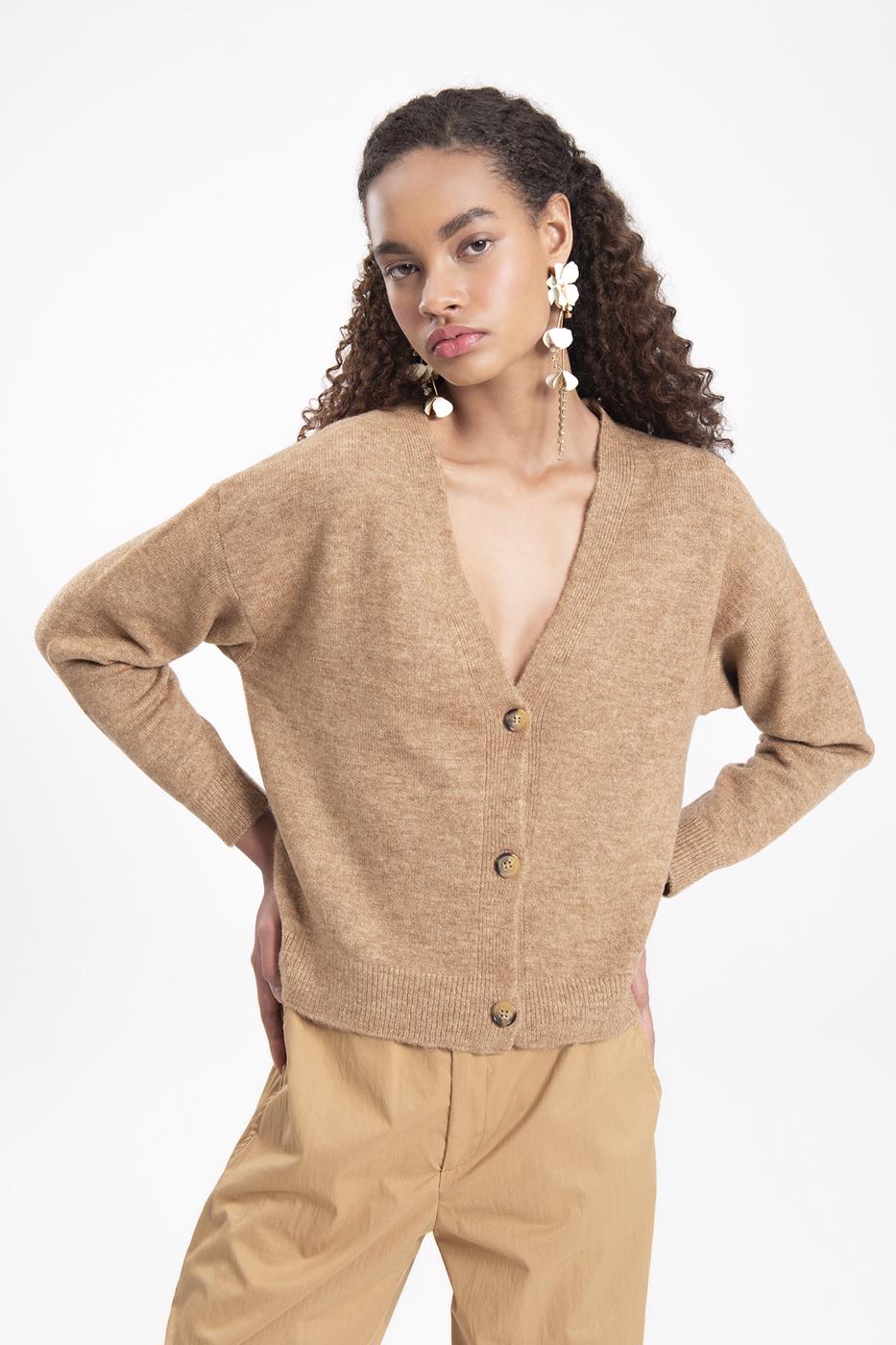 Bayan Kahverengi V Yakalı Triko Hırka