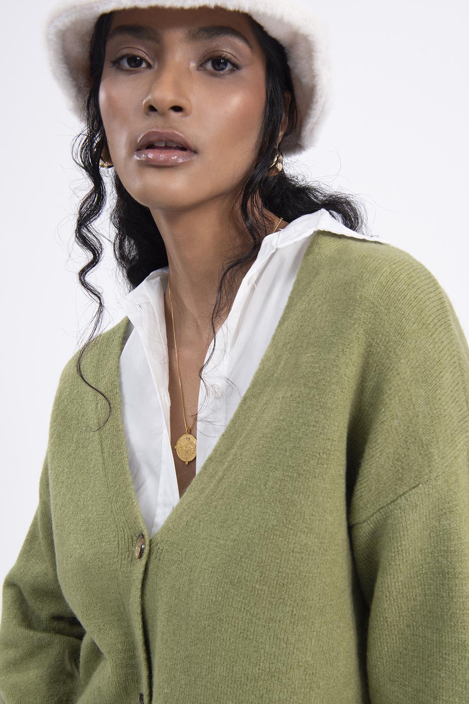 Bayan Yeşil V Yakalı Triko Hırka