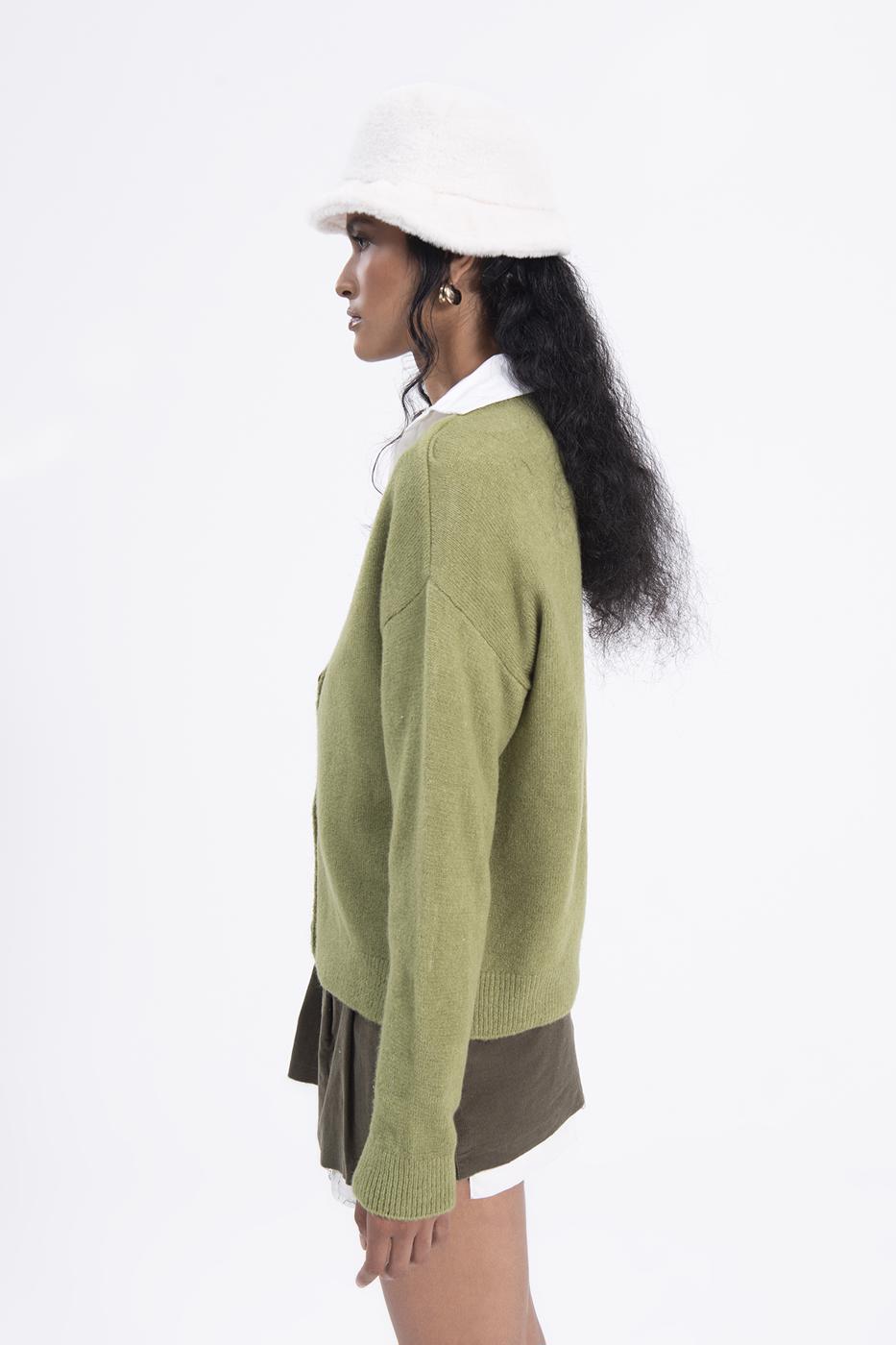 Bayan Yeşil V Yakalı Triko Hırka