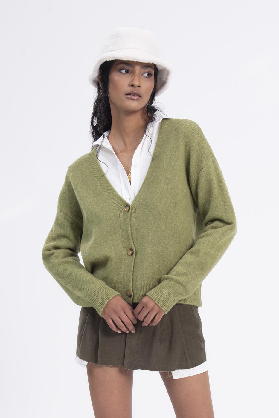 Bayan Yeşil V Yakalı Triko Hırka