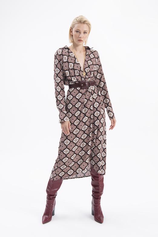 Bayan Kahverengi Kruvaze Yaka Midi Elbise - BSL