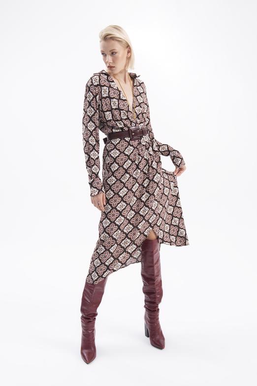 Bayan Kahverengi Kruvaze Yaka Midi Elbise - BSL