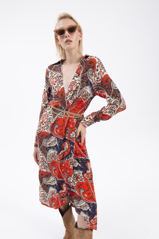 Bayan Multı Kruvaze Yaka Midi Elbise - BSL