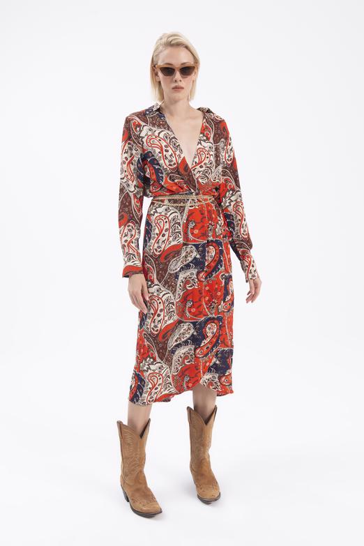 Bayan Multı Kruvaze Yaka Midi Elbise - BSL