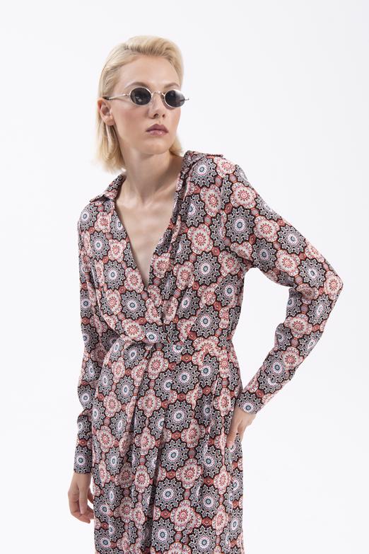 Bayan Siyah Kruvaze Yaka Midi Elbise - BSL