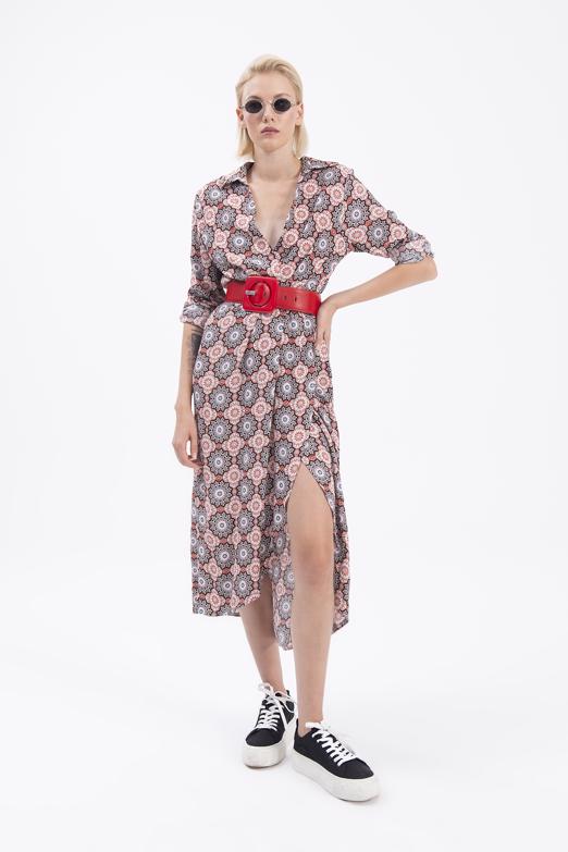 Bayan Siyah Kruvaze Yaka Midi Elbise - BSL