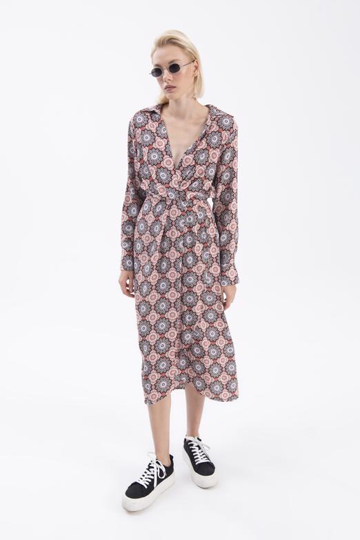 Bayan Siyah Kruvaze Yaka Midi Elbise - BSL