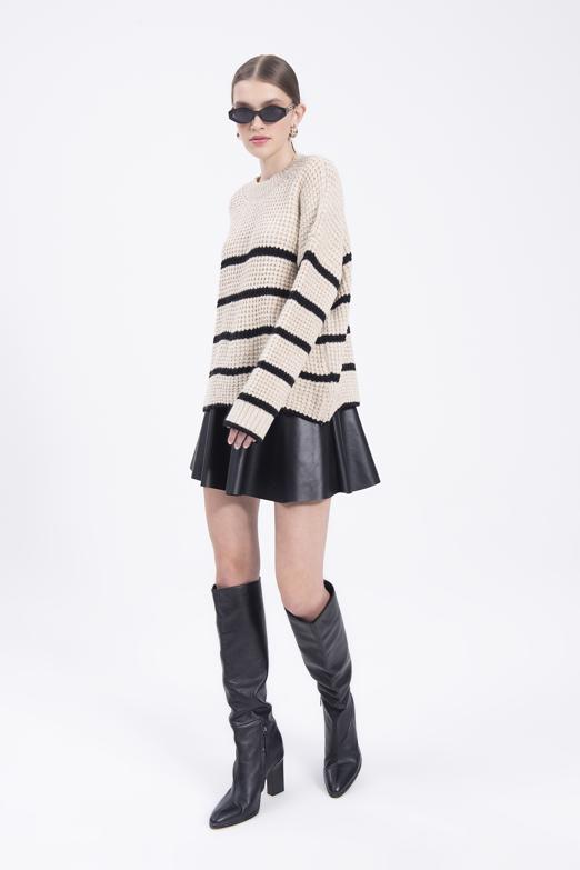 Bayan Bej Bisiklet Yaka Oversize Triko Kazak - BSL