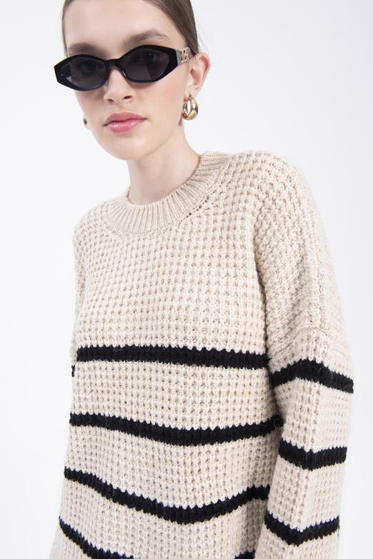 Bayan Bej Bisiklet Yaka Oversize Triko Kazak - BSL