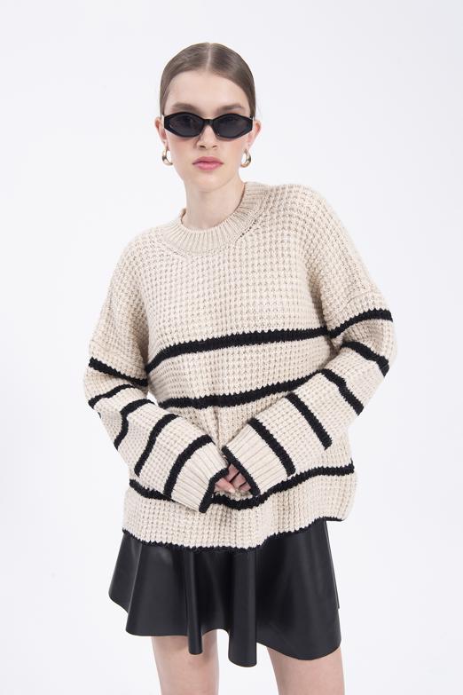 Bayan Bej Bisiklet Yaka Oversize Triko Kazak - BSL